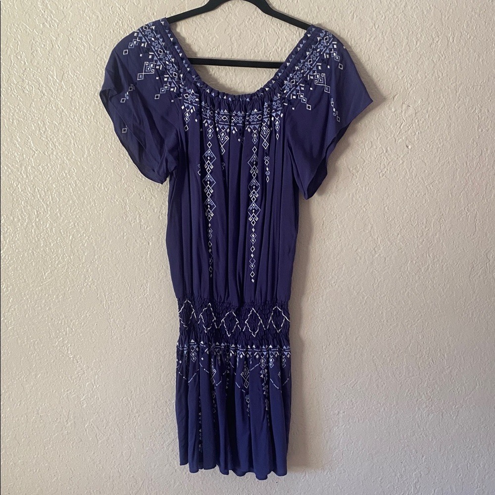 Parker Tammy Dress Size S Blue Off-Shoulder Mini Embroidered Smocked Tassels - Picture 8 of 10